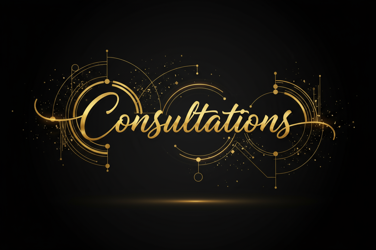 black & gold image with consultations written somewhere